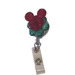 Pink Glitter Mouse Head Teal Gem Retractable Badge Reel ID Holder Nurse Teacher